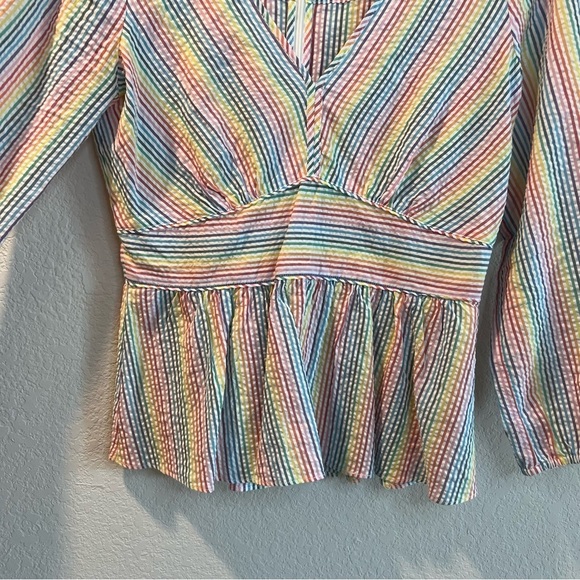 Women’s J. Crew rainbow striped seersucker long sleeve peplum blouse size 2 - Picture 3 of 5
